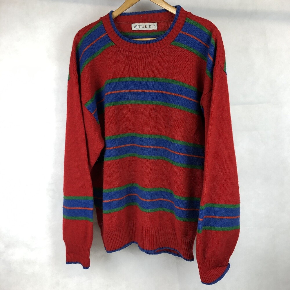 80s VTG L Ugly Xmas Striped Sweater Jantzen USA Baggy Freddy Red Wool Acrylic